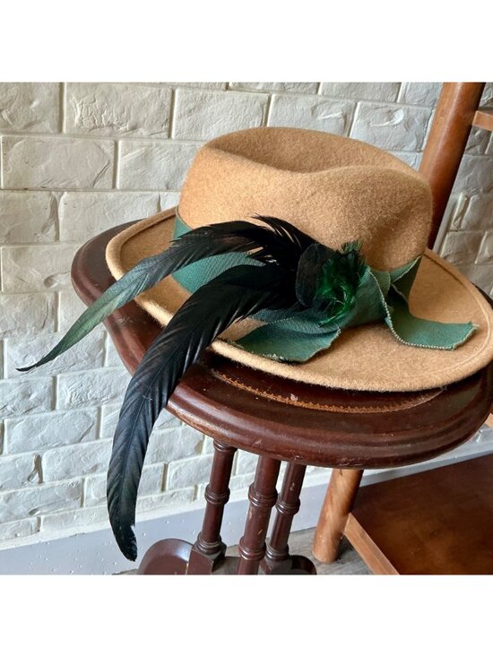 Vintage Capo Feathered Tan Wool Hat + Ribbon Hatband